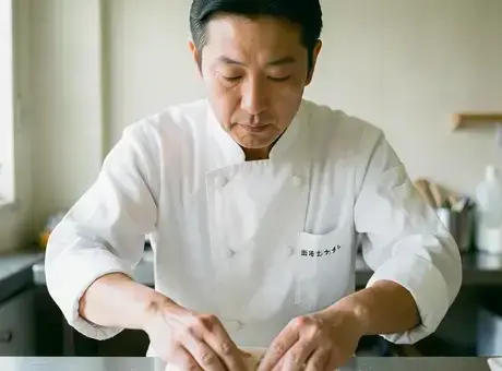 クロロプラストキッチンのシェフがパン生地をこねている